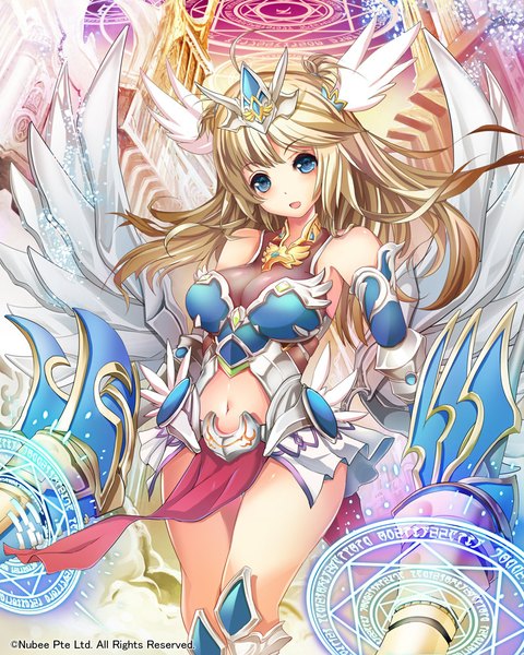 Anime picture 800x1000 with original suoni (deeperocean) single long hair tall image looking at viewer blush open mouth blue eyes light erotic blonde hair magic girl dress navel hair ornament weapon detached sleeves wings magic circle