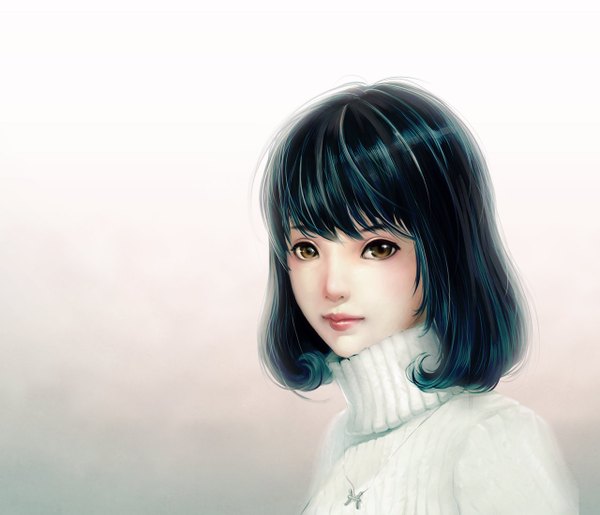 Anime picture 1280x1100 with phungdinhdung single fringe short hair black hair simple background brown eyes light smile grey background close-up girl pendant sweater