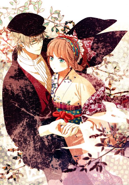 Anime picture 4913x6993 with amnesia idea factory heroine (amnesia) kent (amnesia) hanamura mai tall image blush highres short hair blue eyes smile brown hair holding absurdres traditional clothes japanese clothes green hair scan wide sleeves official art
