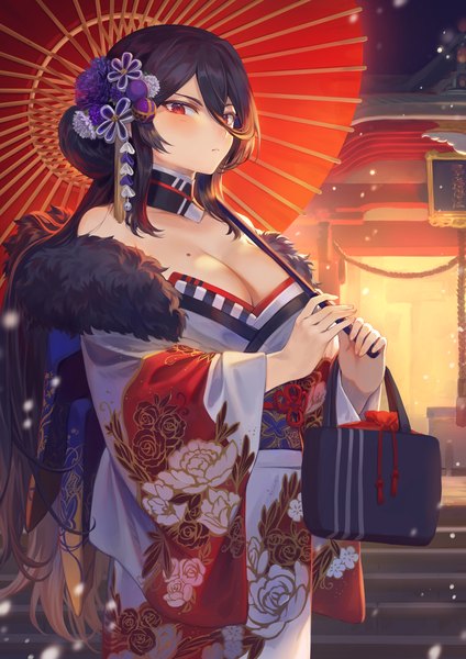 Anime picture 1592x2251 with iron saga oboro (iron saga) mashuu (neko no oyashiro) single long hair tall image looking at viewer blush fringe breasts light erotic black hair hair between eyes red eyes large breasts standing cleavage outdoors traditional clothes japanese clothes
