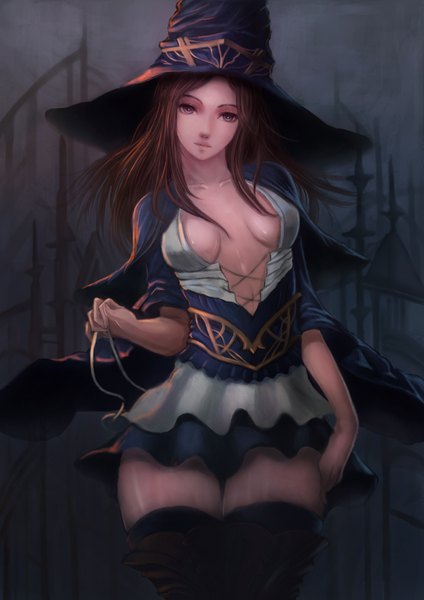 Anime picture 2480x3508 with sunday-zjy single long hair tall image looking at viewer highres breasts light erotic brown hair brown eyes dark background witch girl thighhighs dress black thighhighs hat witch hat