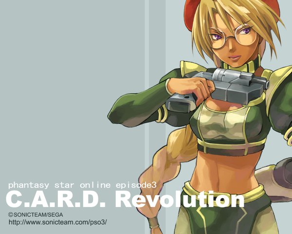 Anime picture 1280x1024 with phantasy star phantasy star online sega single long hair blonde hair purple eyes signed braid (braids) midriff dark skin single braid girl uniform weapon glasses gun beret pistol card revolution