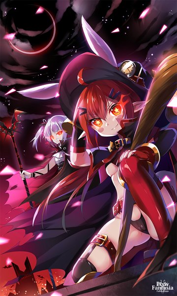 Anime picture 800x1333 with original pixiv fantasia pixiv fantasia fallen kings vivian (mvv) mvv long hair tall image light erotic red eyes multiple girls animal ears ahoge white hair red hair pointy ears glowing symbol-shaped pupils glowing eye (eyes) witch girl
