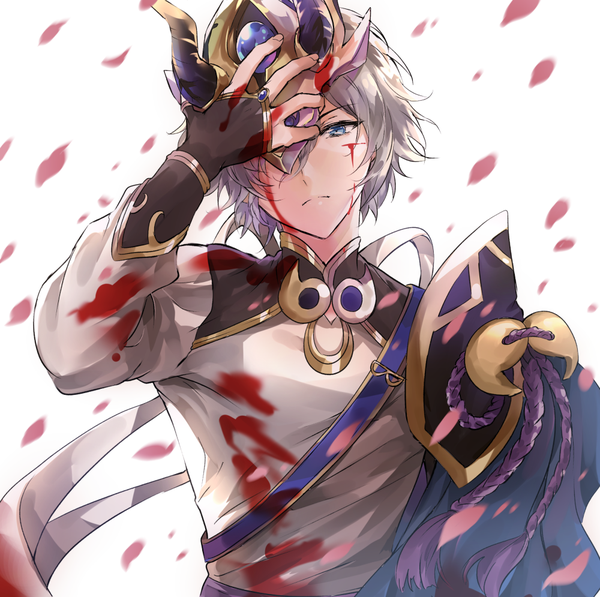 Anime picture 1000x995 with fate (series) fate/grand order prince of lan ling (fate) melings (aot2846) single looking at viewer fringe blue eyes hair between eyes white background holding silver hair upper body traditional clothes head tilt arm up chinese clothes blood on face bloody clothes covering eye (eyes)