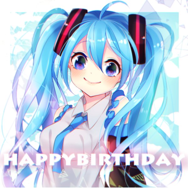 Anime picture 1000x1000 with vocaloid hatsune miku motsuni (lxxe1120) single long hair looking at viewer blush fringe hair between eyes purple eyes twintails blue hair upper body ahoge happy birthday girl detached sleeves