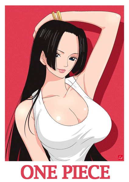 Anime picture 1448x2048 with one piece toei animation boa hancock chris re5 single long hair tall image looking at viewer breasts blue eyes light erotic black hair smile large breasts bare shoulders signed cleavage upper body arm up lips