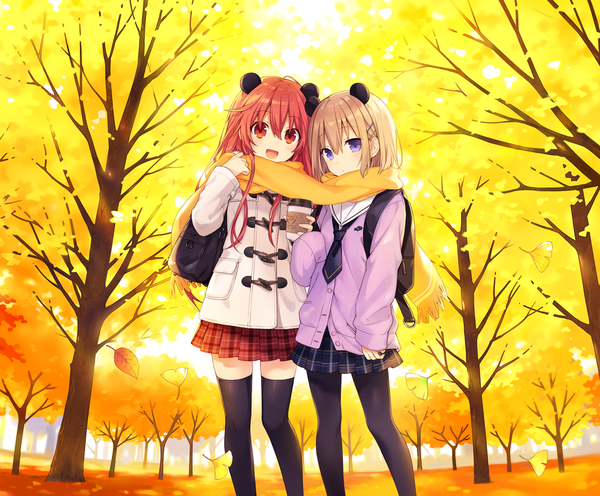 Anime picture 988x817 with choujigen game neptune original shakeko (neptune series) tsunako long hair looking at viewer blush fringe short hair open mouth blonde hair hair between eyes red eyes standing purple eyes multiple girls holding animal ears ahoge outdoors