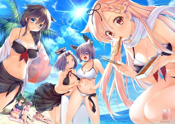 Anime picture 1400x996 with kantai collection shigure destroyer yuudachi destroyer tenryuu light cruiser tatsuta light cruiser ushio destroyer akebono destroyer akashi repair ship littorio (kantai collection) obiwan long hair looking at viewer blush fringe short hair breasts open mouth blue eyes light erotic black hair