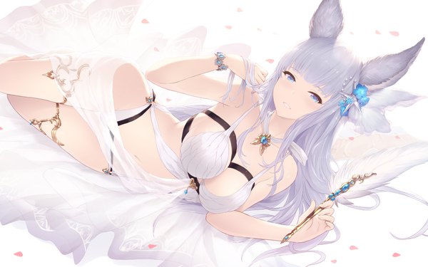 Anime picture 1920x1200 with granblue fantasy korwa (granblue fantasy) cait single long hair looking at viewer blush fringe highres breasts blue eyes light erotic simple background white background animal ears silver hair lying blunt bangs parted lips hair flower