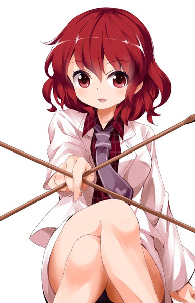 Anime picture 642x1000 with touhou horikawa raiko ruu (tksymkw) single tall image looking at viewer fringe short hair open mouth simple background hair between eyes red eyes white background red hair crossed legs girl necktie drumsticks