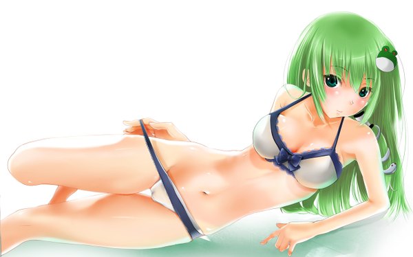 Anime picture 1300x812 with touhou kochiya sanae mori3 (artist) long hair blush light erotic simple background wide image white background green eyes green hair girl navel underwear panties snake frog