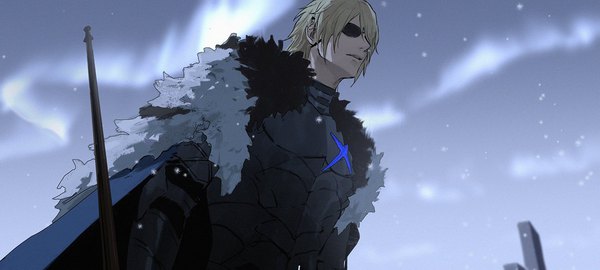 Anime picture 1500x675 with fire emblem fire emblem: three houses nintendo dimitri alexandre blaiddyd anx87400528 single fringe short hair blonde hair wide image upper body outdoors hair over one eye night from below fur trim snowing aurora borealis boy fur