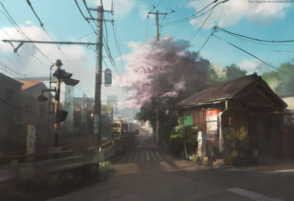 Anime picture 1280x877 with original anubis1982918 signed sky cloud (clouds) cityscape crosswalk plant (plants) petals tree (trees) building (buildings) wire (wires) fence power lines road train traffic lights railways