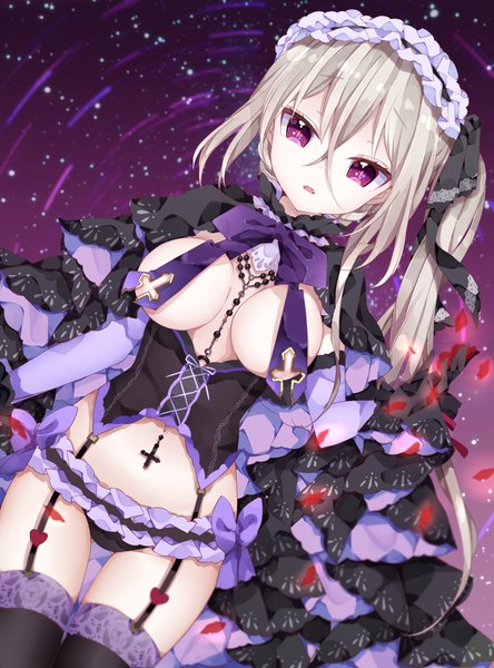 Anime picture 1110x1500 with original chico152 single long hair tall image looking at viewer fringe breasts open mouth light erotic large breasts purple eyes grey hair teeth fang (fangs) side ponytail girl thighhighs dress underwear