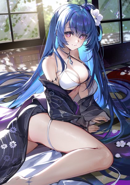 Anime picture 2000x2841 with azur lane helena (azur lane) helena (shimmering triangle wave) (azur lane) akizero1510 single tall image looking at viewer fringe highres breasts light erotic smile hair between eyes large breasts purple eyes blue hair indoors very long hair traditional clothes japanese clothes