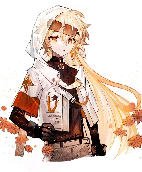 Anime picture 1000x1212 with genshin impact aether (genshin impact) juexing (moemoe3345) single long hair tall image fringe simple background blonde hair hair between eyes white background yellow eyes hand on hip alternate hairstyle sunglasses on head hair down boy flower (flowers) sunglasses single earring