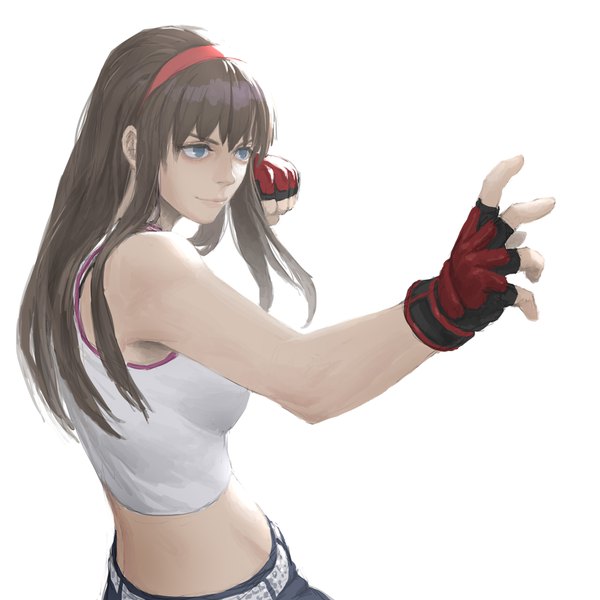 Anime picture 2000x2000 with dead or alive dead or alive 5 loped (pixiv) single long hair highres breasts blue eyes smile brown hair looking away bare belly sleeveless fighting stance girl gloves hairband fingerless gloves crop top
