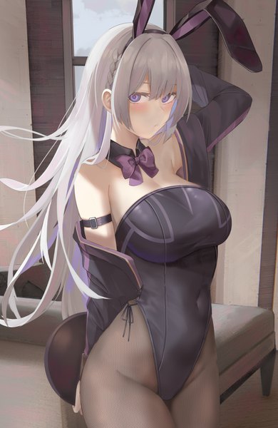 Anime picture 910x1400 with girls frontline ak-15 (girls frontline) ru zhai single long hair tall image looking at viewer blush fringe breasts light erotic hair between eyes large breasts standing purple eyes holding animal ears indoors braid (braids) arm up