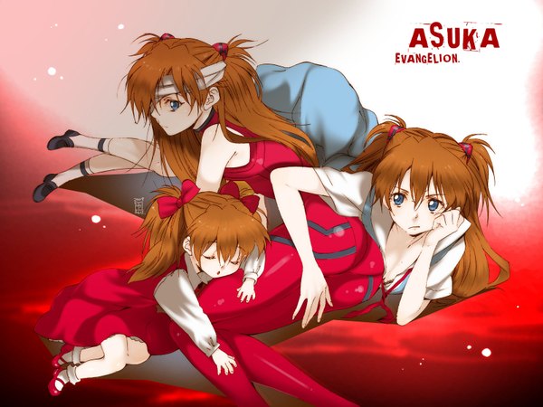 Anime picture 1600x1200 with neon genesis evangelion end of evangelion gainax soryu asuka langley yukimitsuki long hair highres blue eyes signed ass lying eyes closed orange hair wallpaper sleeping partially open clothes chin rest frown untied multiple persona