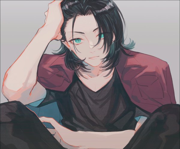 Anime picture 2048x1703 with a3! izumida azami yamada chickenko single long hair looking at viewer highres black hair simple background sitting aqua eyes grey background piercing adjusting hair ear piercing clothes on shoulders boy