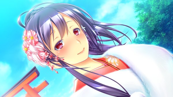 Anime picture 1280x720 with yomi ecchi! single long hair looking at viewer blush smile wide image game cg purple hair traditional clothes japanese clothes pink eyes girl hair ornament kimono kanzashi torii fur-trimmed kimono