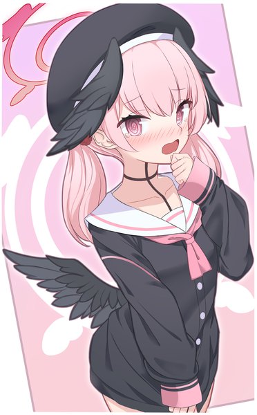 Anime picture 2031x3273 with blue archive koharu (blue archive) rururiiro single long hair tall image looking at viewer blush highres open mouth twintails pink hair pink eyes embarrassed black wings @ @ girl uniform wings serafuku