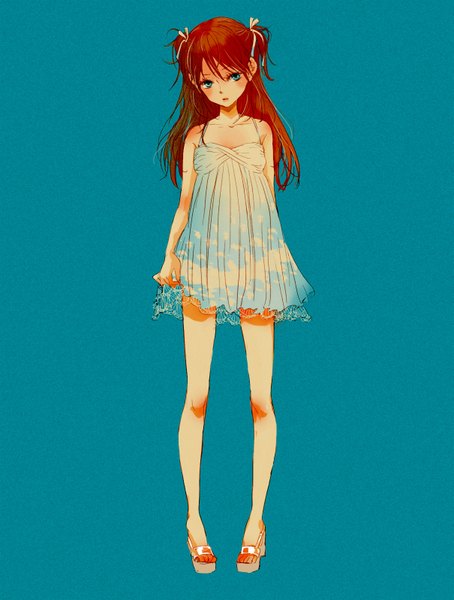 Anime picture 1209x1596 with neon genesis evangelion rebuild of evangelion evangelion: 2.0 you can (not) advance gainax soryu asuka langley soramame long hair tall image blush blue eyes simple background orange hair girl ribbon (ribbons) hair ribbon sundress sandals