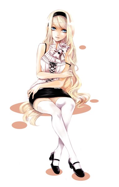 Anime picture 1408x2203 with ut (apt) single long hair tall image blue eyes blonde hair white background sitting girl thighhighs skirt shoes