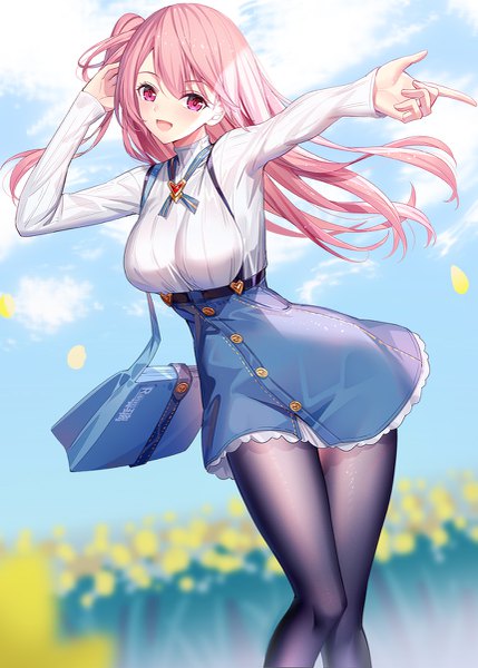 Anime-Bild 859x1200 mit original emily stock ririko (zhuoyandesailaer) single long hair tall image looking at viewer blush fringe breasts open mouth smile standing signed pink hair sky cloud (clouds) outdoors long sleeves :d