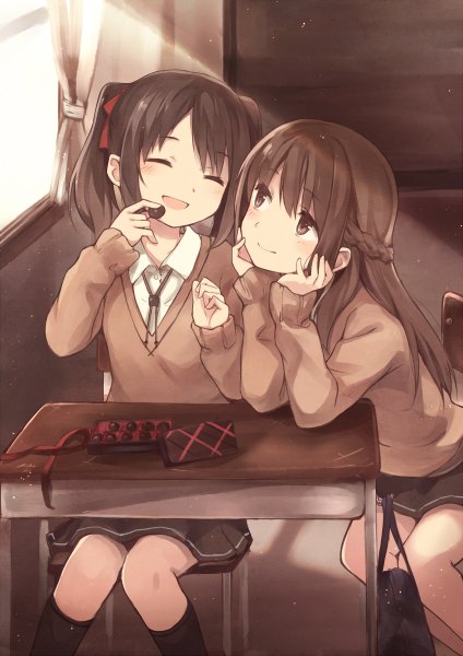 Anime picture 848x1200 with original kyuri tall image blush black hair smile brown hair sitting twintails multiple girls brown eyes eyes closed light smile eating classroom hands on face girl uniform ribbon (ribbons) 2 girls