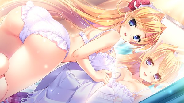 Anime picture 1024x576 with love love life skyfish (studio) leone goldbach wori long hair blush open mouth blue eyes light erotic blonde hair wide image game cg ass underwear only girl hair ornament underwear panties lingerie bra
