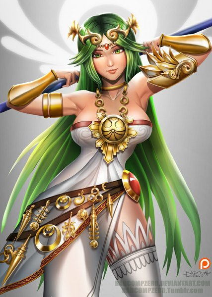 Anime picture 640x899 with kid icarus palutena badcompzero single long hair tall image looking at viewer breasts light erotic simple background green eyes green hair lips grey background girl thighhighs dress white thighhighs white dress armor