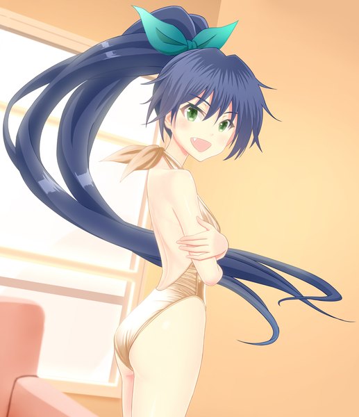 Anime picture 1944x2256 with idolmaster ganaha hibiki taka (takahirokun) single long hair tall image looking at viewer blush highres open mouth light erotic black hair green eyes teeth fang (fangs) bare back girl ribbon (ribbons) swimsuit hair ribbon