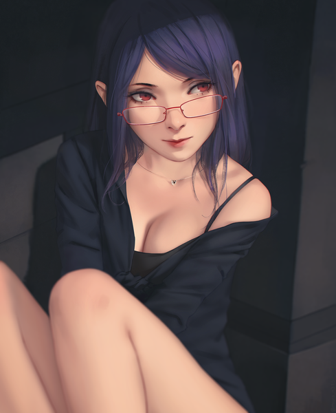 Anime picture 1304x1600 with tokyo ghoul studio pierrot kamishiro rize miura-n315 single long hair tall image fringe breasts light erotic red eyes large breasts sitting looking away purple hair bent knee (knees) from above lips blurry realistic