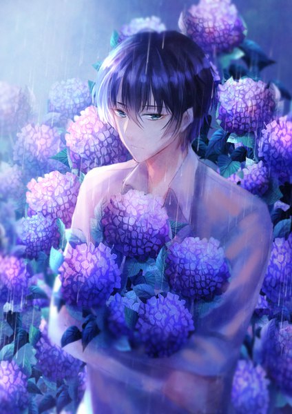 Anime picture 2480x3508 with quan zhi gao shou tagme (character) yingsu jiang single tall image looking at viewer fringe highres short hair black hair hair between eyes holding upper body outdoors blurry night rain wet clothes wet shirt boy