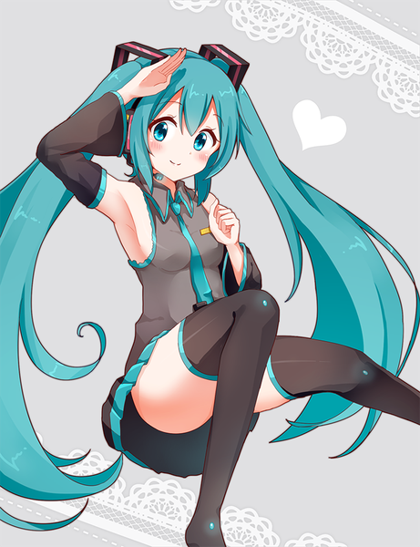 Anime picture 730x950 with vocaloid hatsune miku snowmi single long hair tall image blush light erotic smile twintails bent knee (knees) pleated skirt aqua eyes aqua hair grey background armpit (armpits) salute girl thighhighs skirt
