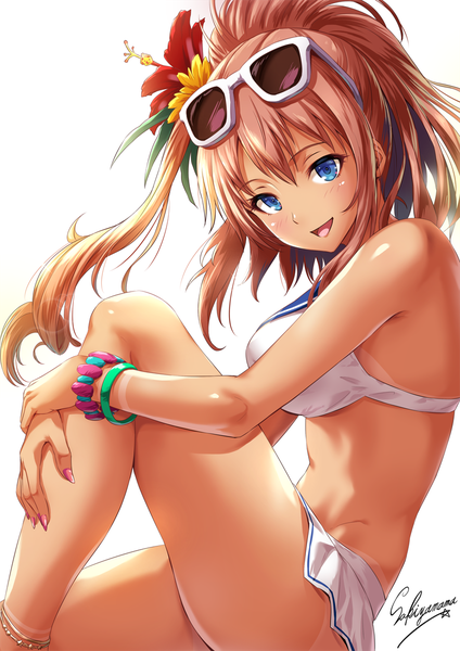 Anime picture 800x1131 with kantai collection saratoga (kantai collection) sakiyamama single long hair tall image looking at viewer blush fringe breasts open mouth blue eyes light erotic simple background smile hair between eyes brown hair large breasts white background sitting