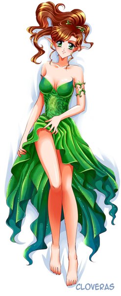 Anime picture 800x1942 with bishoujo senshi sailor moon toei animation kino makoto sailor jupiter princess jupiter cloveras single long hair tall image looking at viewer blush simple background smile brown hair white background bare shoulders green eyes signed payot full body