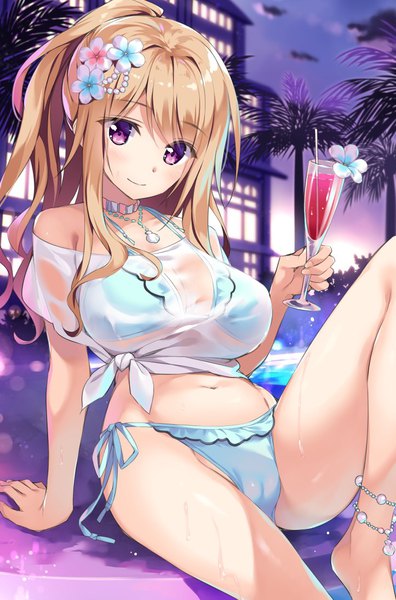 Anime picture 723x1096 with original oryou single long hair tall image looking at viewer blush fringe breasts light erotic blonde hair hair between eyes sitting purple eyes bare shoulders payot bent knee (knees) outdoors ponytail hair flower