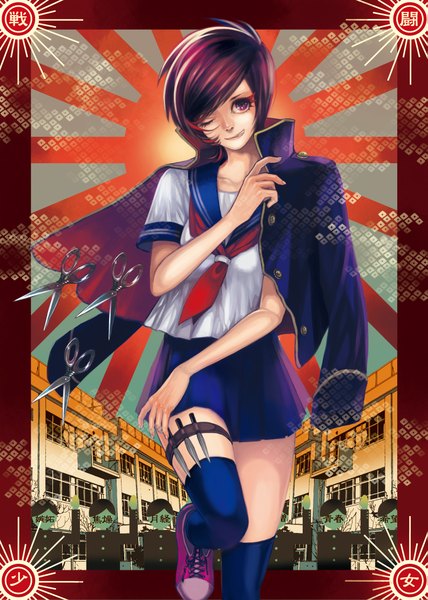 Anime picture 1583x2220 with original ocha (artist) tall image short hair standing purple eyes purple hair one eye closed wink open clothes open jacket looking up girl thighhighs uniform school uniform shoes jacket building (buildings) cape