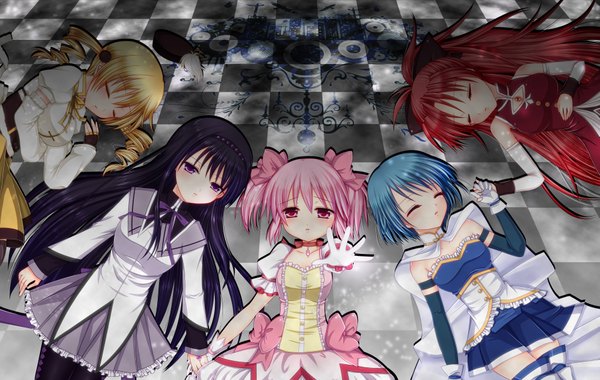 Anime picture 3785x2400 with mahou shoujo madoka magica shaft (studio) akemi homura kaname madoka sakura kyouko miki sayaka tomoe mami asazuki kanai long hair highres short hair black hair blonde hair red eyes purple eyes multiple girls blue hair pink hair absurdres red hair