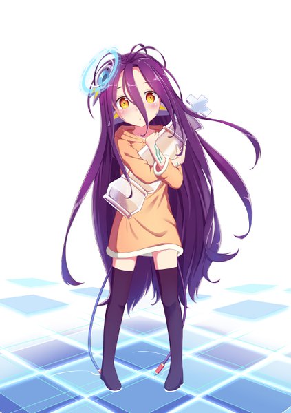 Anime picture 1748x2480 with no game no life madhouse shuvi (no game no life) abwan single tall image looking at viewer blush fringe highres simple background hair between eyes standing white background holding yellow eyes payot purple hair full body ahoge