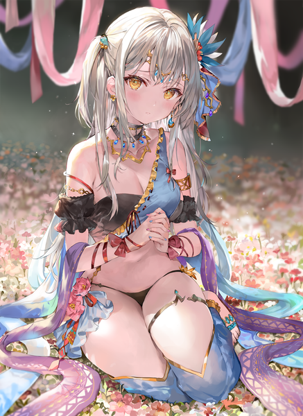 Anime picture 1000x1371 with original momoko (momopoco) single long hair tall image looking at viewer blush fringe breasts light erotic large breasts sitting bare shoulders yellow eyes cleavage silver hair full body nail polish fingernails one side up