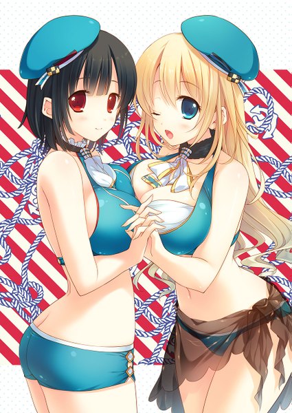 Anime picture 895x1262 with kantai collection atago heavy cruiser takao heavy cruiser mizuno (suisuiw) long hair tall image looking at viewer blush short hair breasts open mouth blue eyes light erotic black hair blonde hair red eyes large breasts multiple girls one eye closed wink