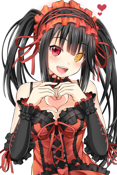 Anime picture 2000x3000 with date a live tokisaki kurumi oekakizuki single long hair tall image looking at viewer blush fringe highres open mouth black hair simple background smile hair between eyes red eyes white background twintails bare shoulders yellow eyes
