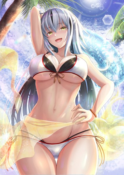 Anime picture 2894x4093 with fate (series) fate/grand order nagao kagetora (fate) penguintake single long hair tall image looking at viewer blush fringe highres breasts open mouth light erotic smile hair between eyes large breasts standing bare shoulders yellow eyes