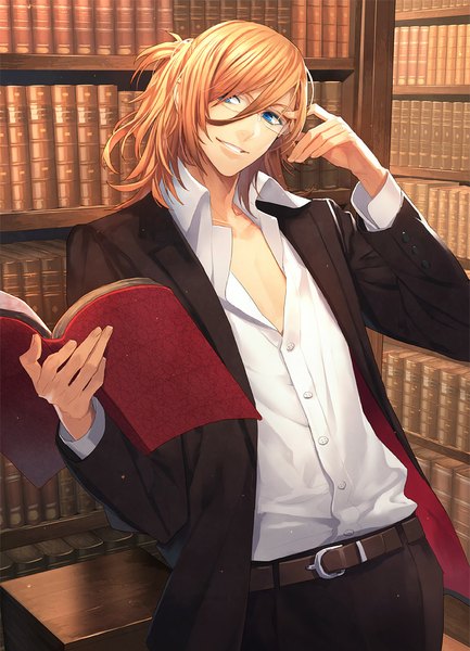 Anime picture 768x1064 with uta no prince-sama a-1 pictures jinguji ren toti (pixiv) single long hair tall image blue eyes blonde hair holding looking away one side up partially open clothes adjusting glasses bespectacled formal boy glasses belt book (books)