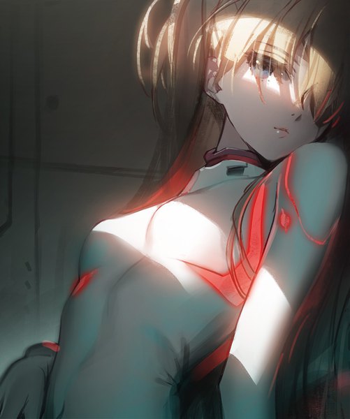 Anime picture 900x1077 with neon genesis evangelion rebuild of evangelion evangelion: 3.0+1.0 thrice upon a time gainax soryu asuka langley siino single long hair tall image looking at viewer fringe breasts blue eyes blonde hair upper body indoors head tilt two side up glowing light