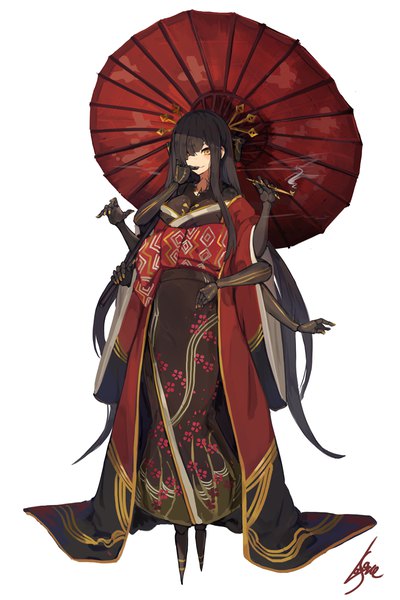 Anime picture 800x1200 with original lansane single tall image looking at viewer fringe black hair simple background white background holding signed yellow eyes full body long sleeves very long hair nail polish traditional clothes japanese clothes hair over one eye monster girl