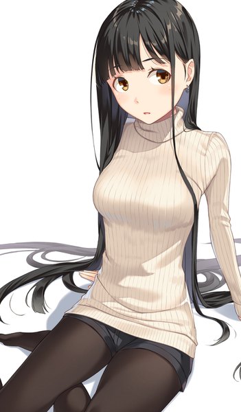 Anime picture 942x1608 with original kimura (ykimu) single tall image blush fringe black hair simple background white background sitting brown eyes looking away blunt bangs very long hair parted lips arm support yokozuwari girl earrings pantyhose